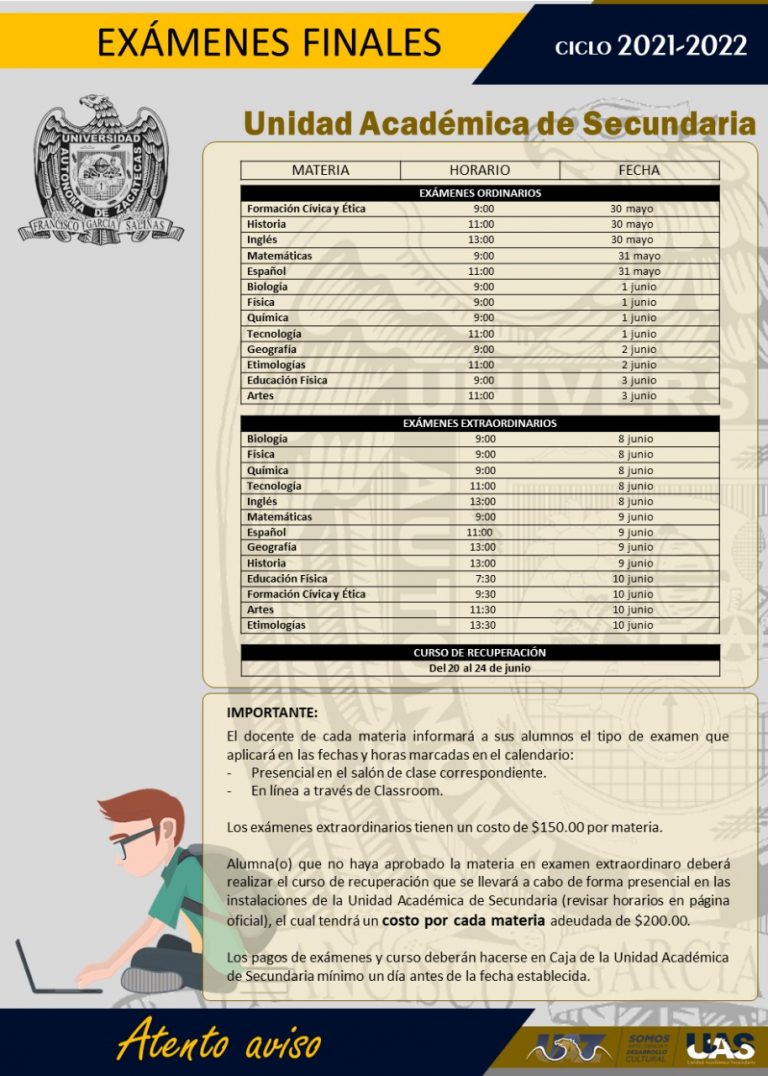 Calendario examenes finales Unidad Académica Secundaria UAZ